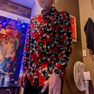 Black casual button-down shirt with red roses